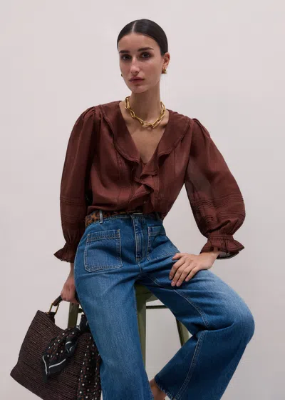 Me+em Cotton Voile Ruffle Blouse Cinnamon Brown