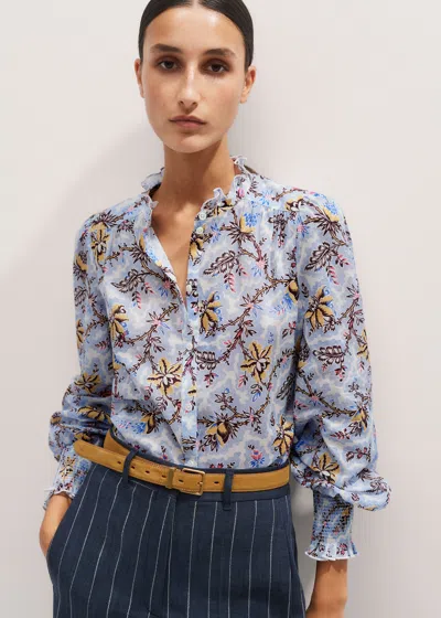 Me+em Cotton Voile Soft Bloom Print Blouse In Blue/light Cream/multi