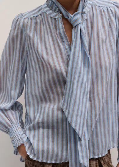 Me+em Cotton Voile Stripe Blouse + Tie Blue Multi