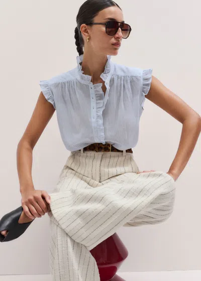 Me+em Cotton Voile Stripe Frill Sleeve Blouse Blue-white