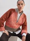 Me+em Cotton Wool Chunky Mouliné Half Zip Jumper In Orange Spice Mouliné
