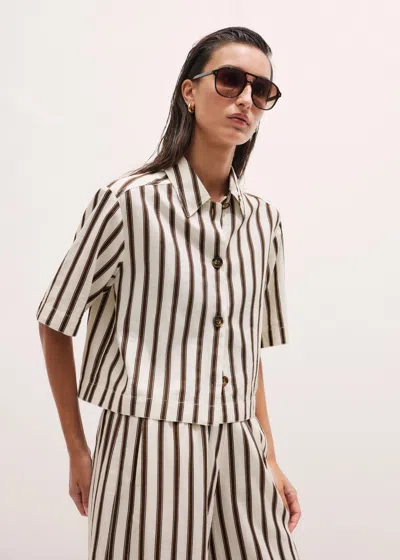 Me+em Crease-less Linen Spring Stripe Boxy Cropped Shirt Light Cream Multi In White