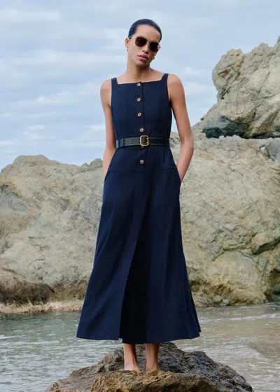 Me+em Crease-less Linen Button Front Maxi Dress + Belt Navy In Blue