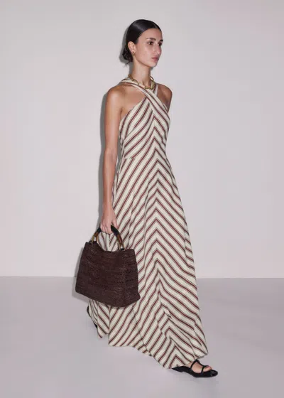 Me+em Crease-less Linen Halter-neck Stripe Maxi Dress Light Cream Multi In Burgundy