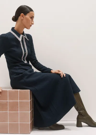 Me+em Crochet Trim Fit And Flare Midi Dress Navy In Blue