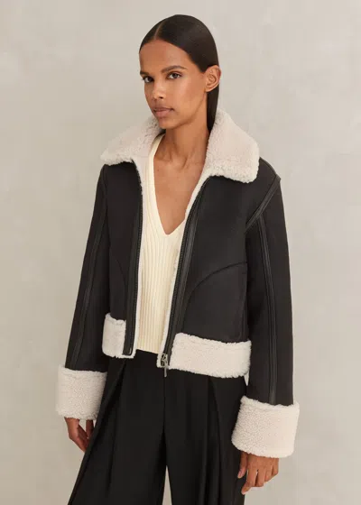 Me+em Crop Aviator Jacket In Black/cream