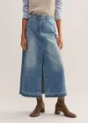 Me+em Distressed Denim Maxi Skirt In Mid Light Wash