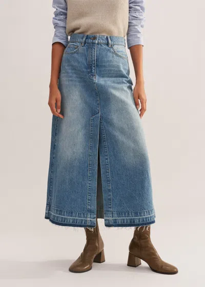 Me+em Distressed Denim Maxi Skirt In Mid Light Wash