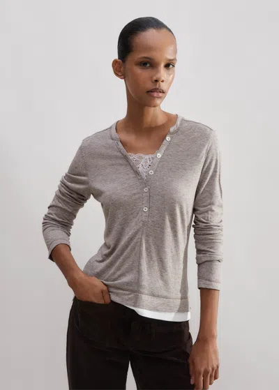 Me+em Double-layer Lace Trim Long Sleeve Top In Mocha Melange/soft White