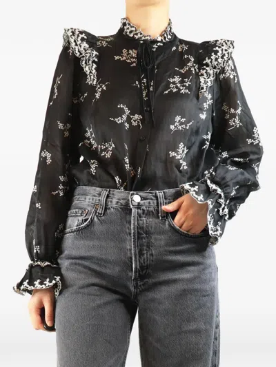 Pre-owned Me+em Embroidered Ruffle Blouse In Black