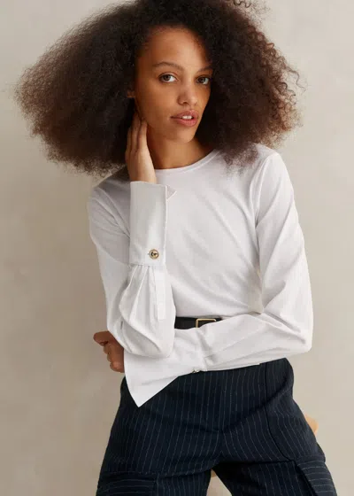 Me+em Feature Button Crew Neck Layering Shirt In Fresh White