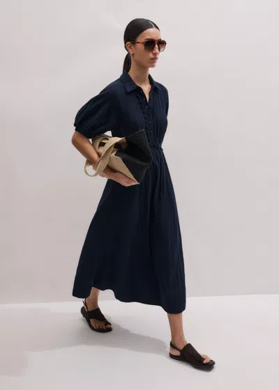 Me+em Fit & Flare Cheesecloth Intricate Detail Midi Dress Navy In Blue