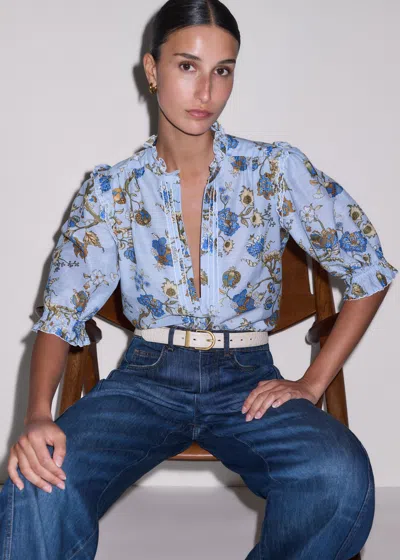 Me+em Floral Garden Print Silk Cotton Blouse Blue Multi