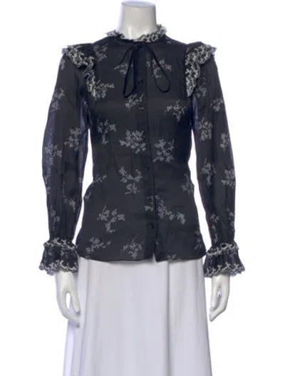 Pre-owned Me+em Floral Print Tie Neck Blouse In Blue