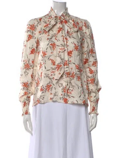 Pre-owned Me+em Floral Print Tie Neck Blouse In White