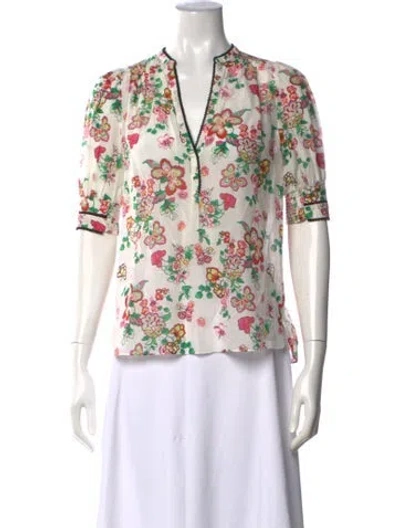 Pre-owned Me+em Floral Print V-neck Blouse In White