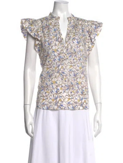 Pre-owned Me+em Floral Print V-neck Blouse In White