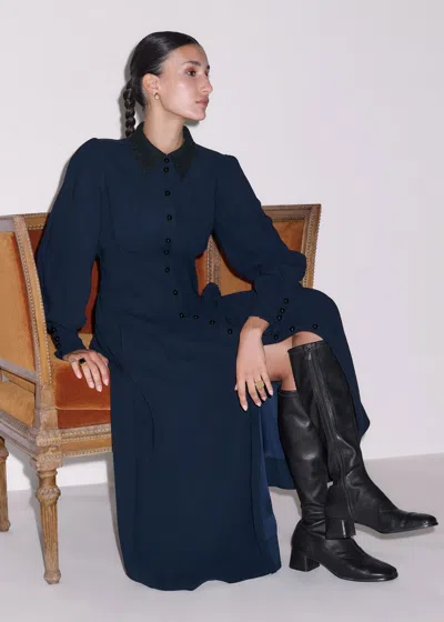 Me+em Fluid Crepe Pleat Waist Maxi Dress Navy In Blue