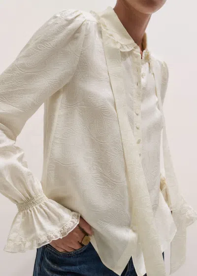 Me+em Fluid Jacquard And Lace Trim Blouse + Tie Light Cream In Neutral