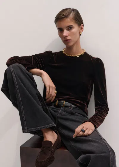 Me+em Fluid Velour Puff Sleeve Top Dark Chocolate In Black