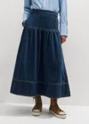 Me+em Gathered Denim Maxi Skirt In Mid Blue