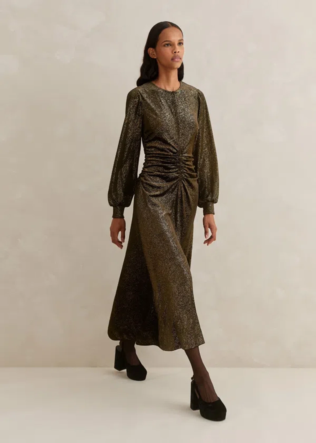 green emerald velvet dress Me + Em Black Gold Long Sleeve Belted Maxi Dress – Phoenix Style main image 1