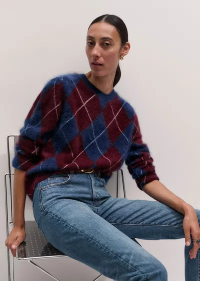 Me+em Graphic Argyle Brushed Cashmere Jumper Bright Navy-merlot Red In Multi