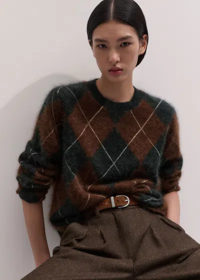 Me+em Graphic Argyle Brushed Cashmere Jumper Pecan Brown Melange-charcoal In Multi
