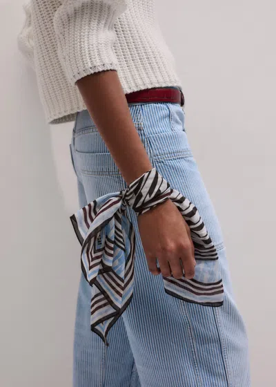 Me+em Linear Keys Border Scarf Sky Blue-coffee Brown