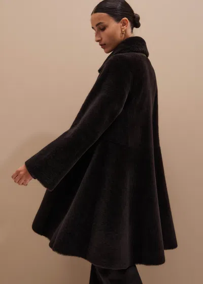 Me+em Luxe Shearling Leather Mix Swing Coat Chocolate In Brown