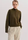 Me+em Merino Cashmere High Zip Neck Crop Jumper In Deep Autumn Olive