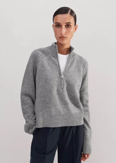 Me+em Merino Cashmere High Zip Neck Crop Sweater In Grey Mélange