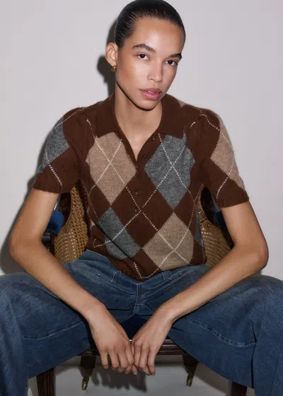 Me+em Merino Cashmere Silk Argyle Pouf Sleeve Knit Tee Pecan Brown Multi