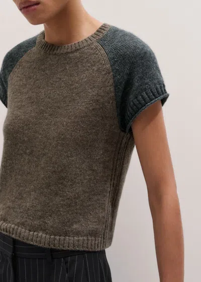 Me+em Merino Cashmere Silk Colour Block Baby Tee Hazelnut-charcoal In Hazelnut/charcoal