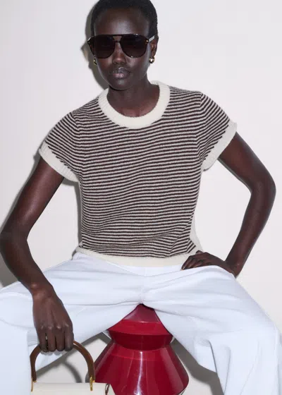 Me+em Merino Cashmere Silk Stripe Straight Baby Tee Cream-cocoa Brown In Black