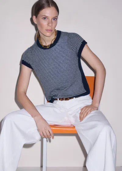 Me+em Merino Cashmere Silk Stripe Straight Baby Tee Navy-cream In Blue