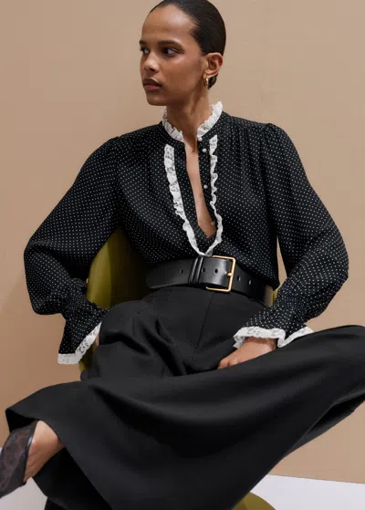 Me+em Micro Polka Dot And Lace Blouse Black/light Cream In Multi