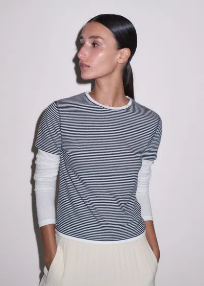 Me+em Micro Stripe Double Layer Top Navy-soft White In Navy/soft White