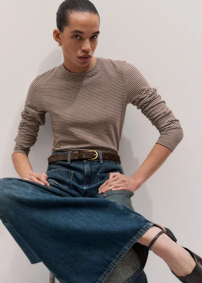 Me+em Micro Stripe Long Sleeve Top Soft White-pecan Brown In Soft White/pecan Brown