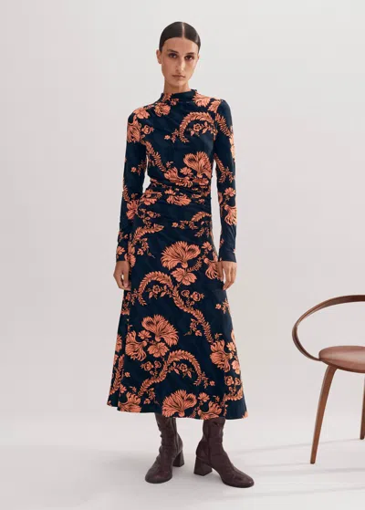 Me+em Midnight Floral Print Pleat Detail Dress In Navy/peach/brown