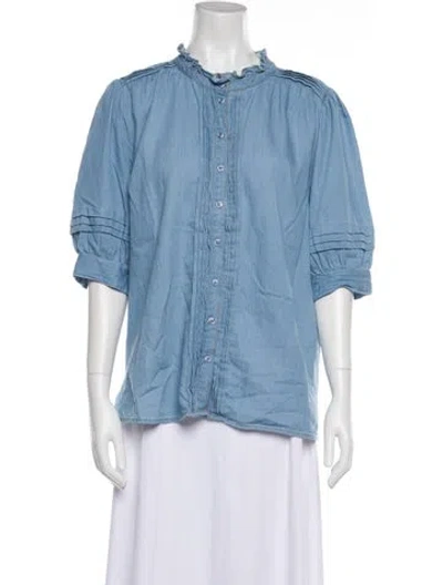 Pre-owned Me+em Mock Neck Three-quarter Sleeve Button-up Top In Blue