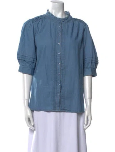 Pre-owned Me+em Mock Neck Three-quarter Sleeve Button-up Top In Blue