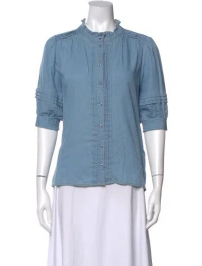 Pre-owned Me+em Mock Neck Three-quarter Sleeve Button-up Top In Blue