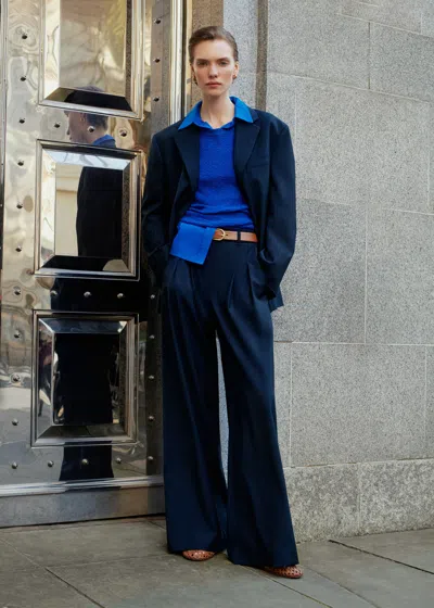 Me+em Pinstripe Perfect Pleat Front Man Pant Navy In Blue