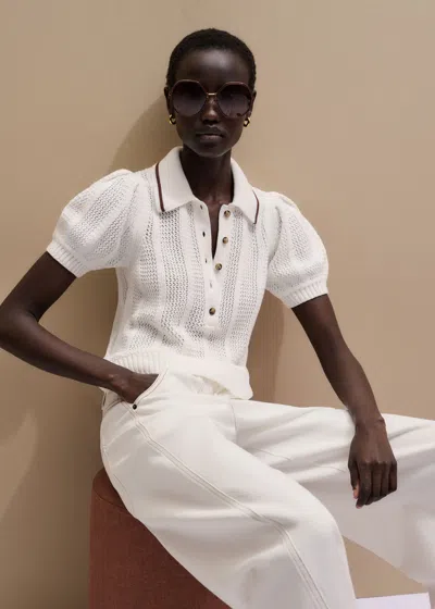 Me+em Pointelle Pouf Sleeve Straight Tee Cream-walnut Brown In White