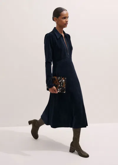 Me+em Ponte Collared Cord Velour Midi Dress Navy In Blue