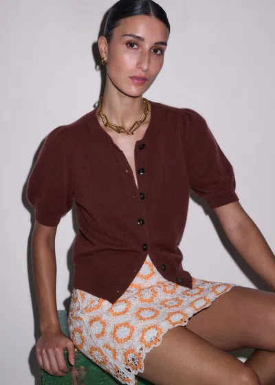 Me+em Pouf Sleeve Cashmere Button Through Tee Cinnamon Brown