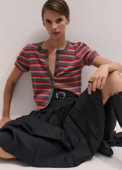Me+em Pouf Sleeve Striped Cashmere Button Through Tee Charcoal Multi In Black