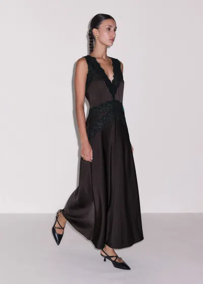 Me+em Satin Lace Panelled Maxi Dress Dark Chocolate Brown In Blue