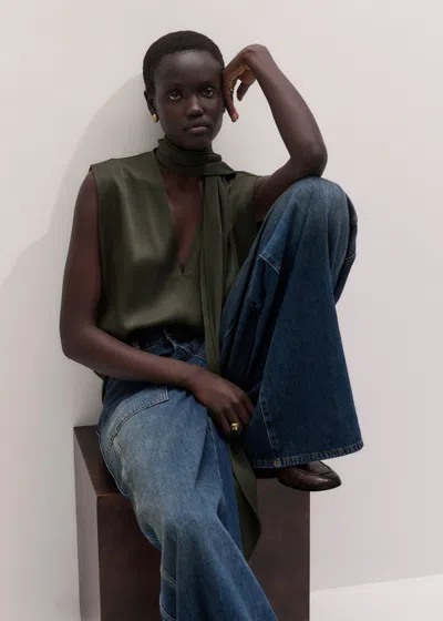 Me+em Satin V Neck Shell Top + Tie Bay Green In Blue